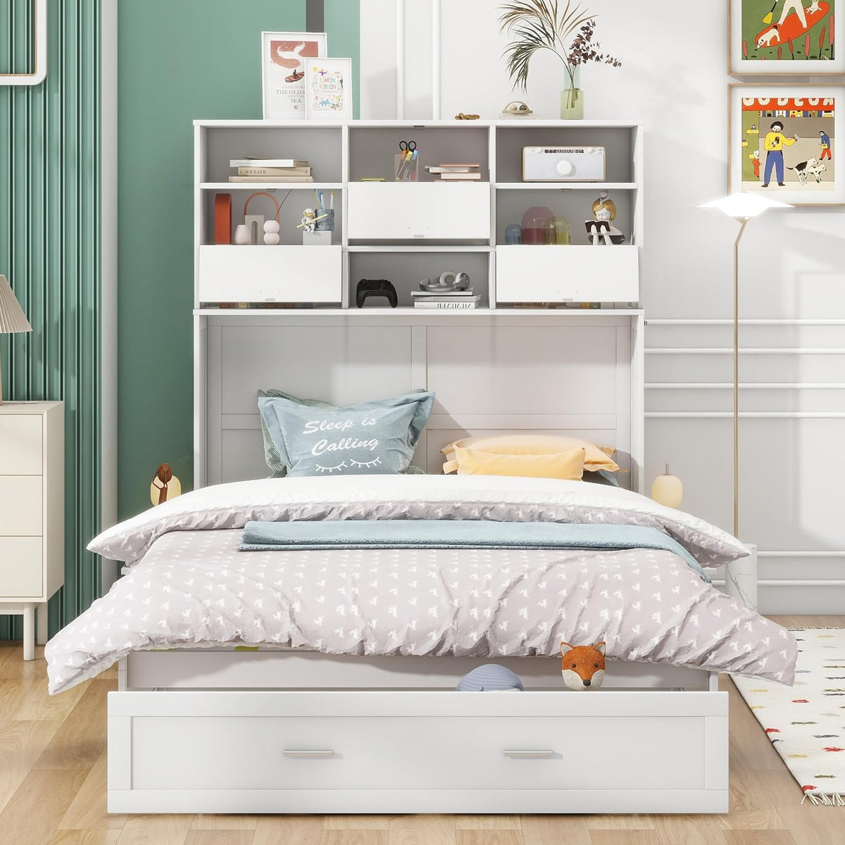 White Queen Murphy Bed Cabinet with Bookcase and Drawer P61752