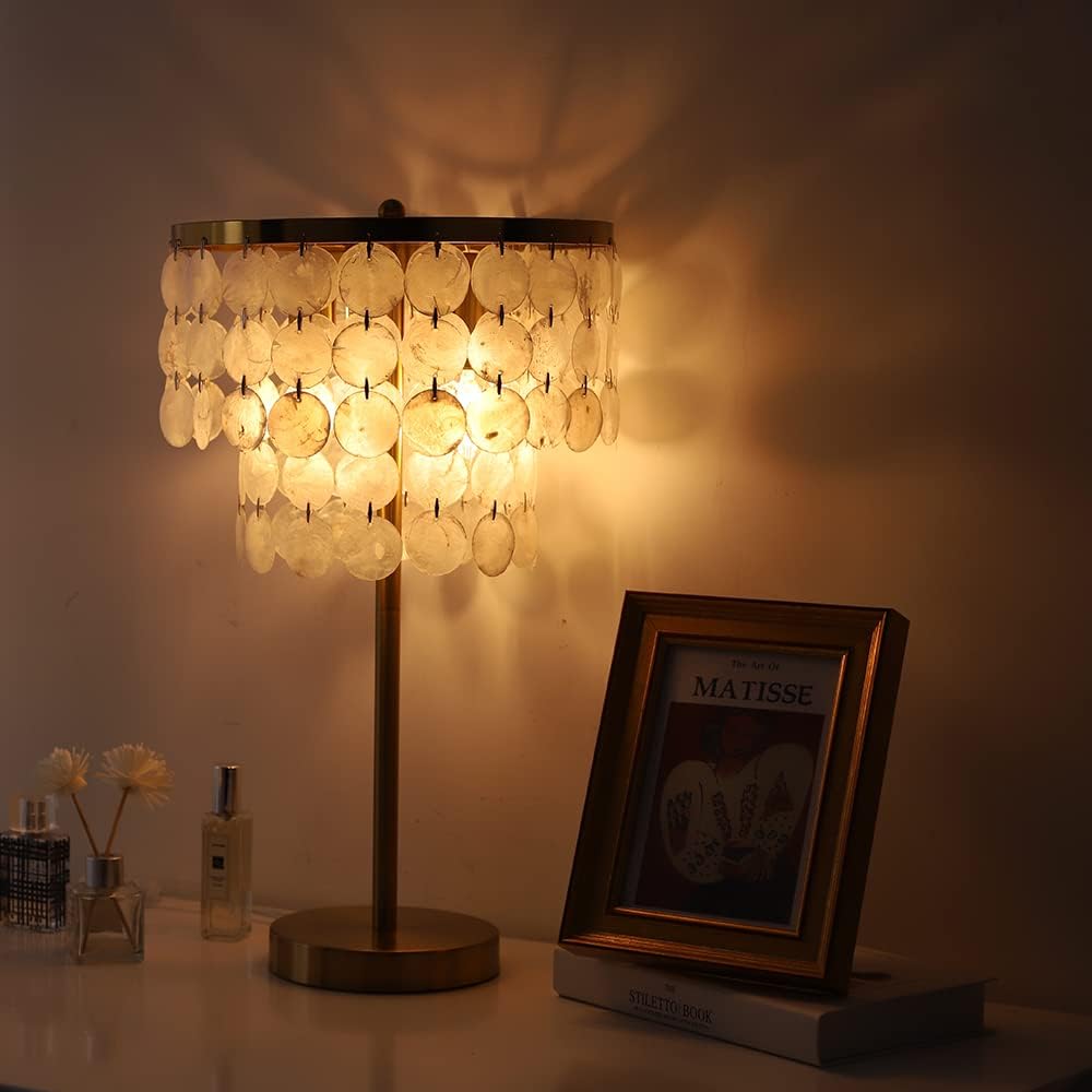 Natural Capiz Shell Table Lamp with Brass Polished Lampshade E5502