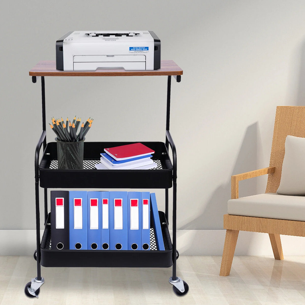 3 Tier Rolling Printer Cart with Wheels Black V138882