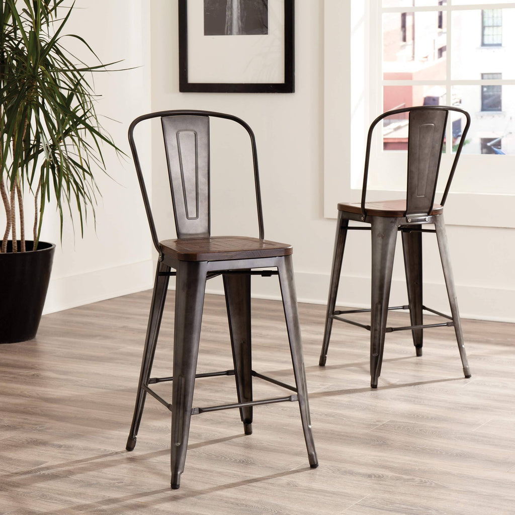 Industrial Modern 4 Pack 26x22 High Back Metal Bar Stools with Solid Ash Wood Seats H1420
