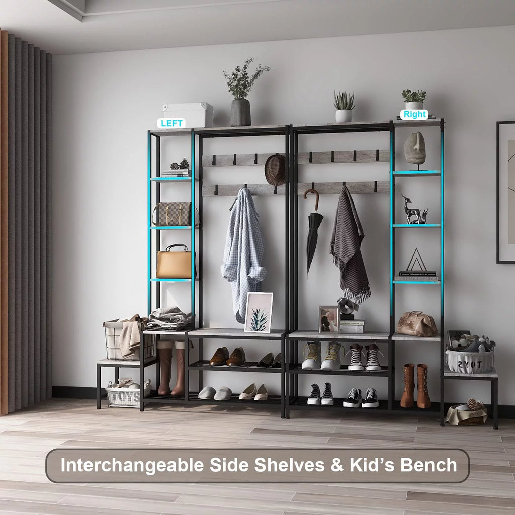 Hall Tree with Shoe Storage Bench, Coat Rack with 7 Hooks, 4 Tier Side Shelves K180