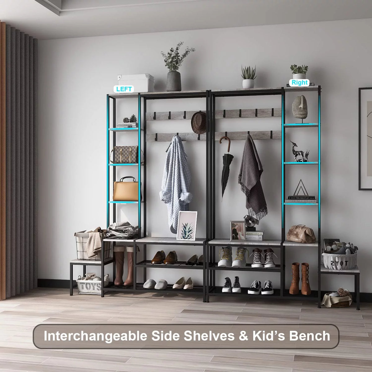 Hall Tree with Shoe Storage Bench, Coat Rack with 7 Hooks, 4 Tier Side Shelves K180
