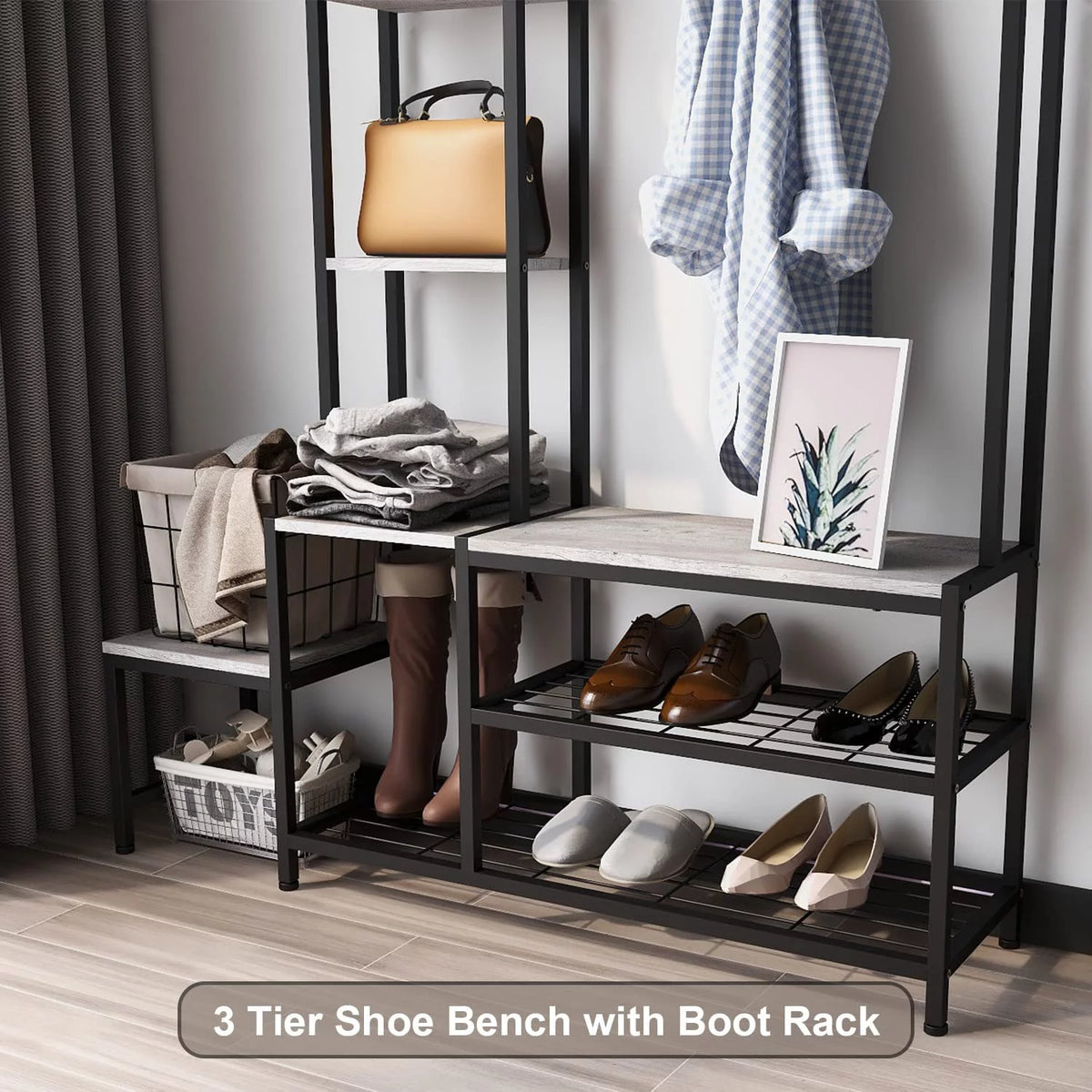 Hall Tree with Shoe Storage Bench, Coat Rack with 7 Hooks, 4 Tier Side Shelves K180