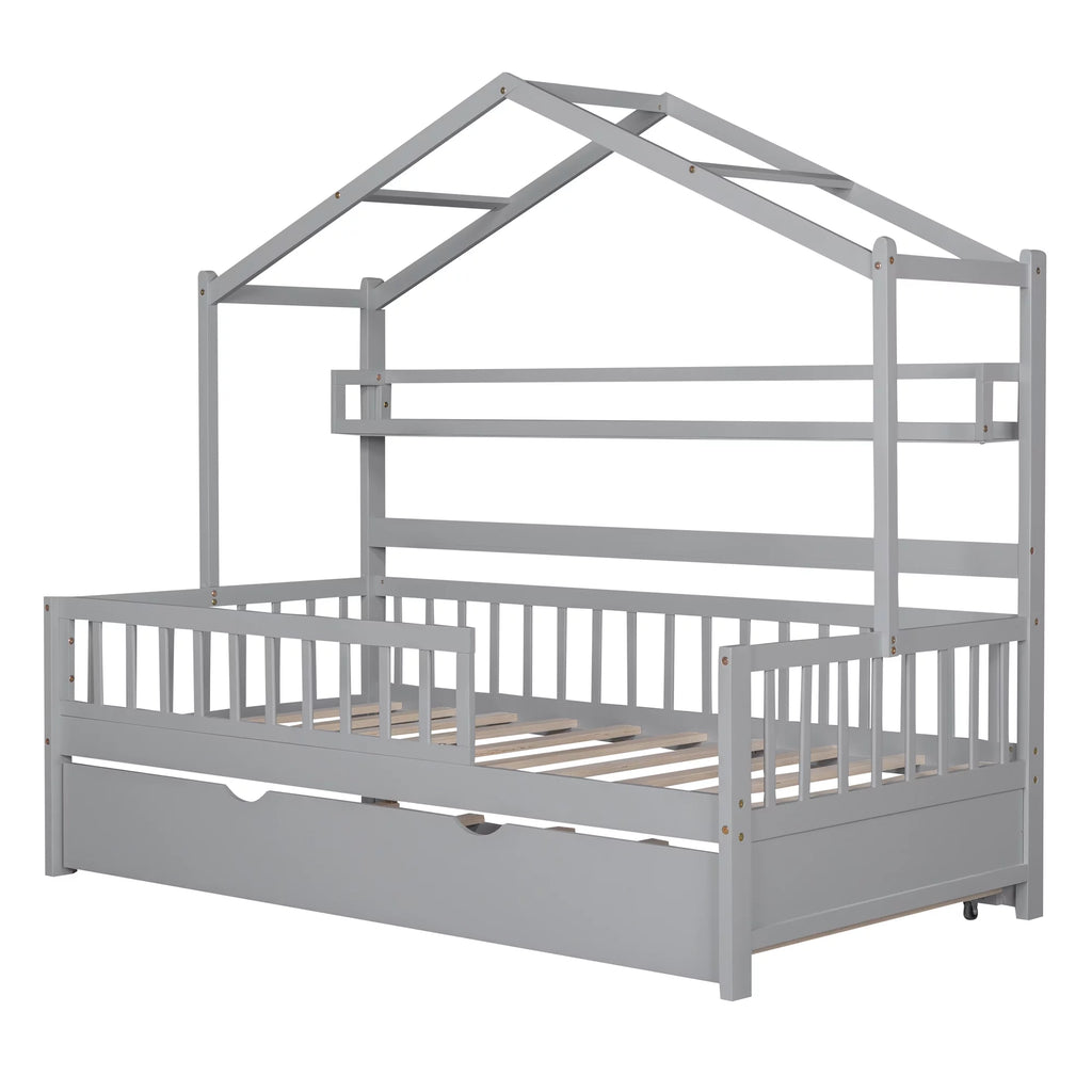 Wood Twin Size House Bed with Bookcase and Trundle Z89717