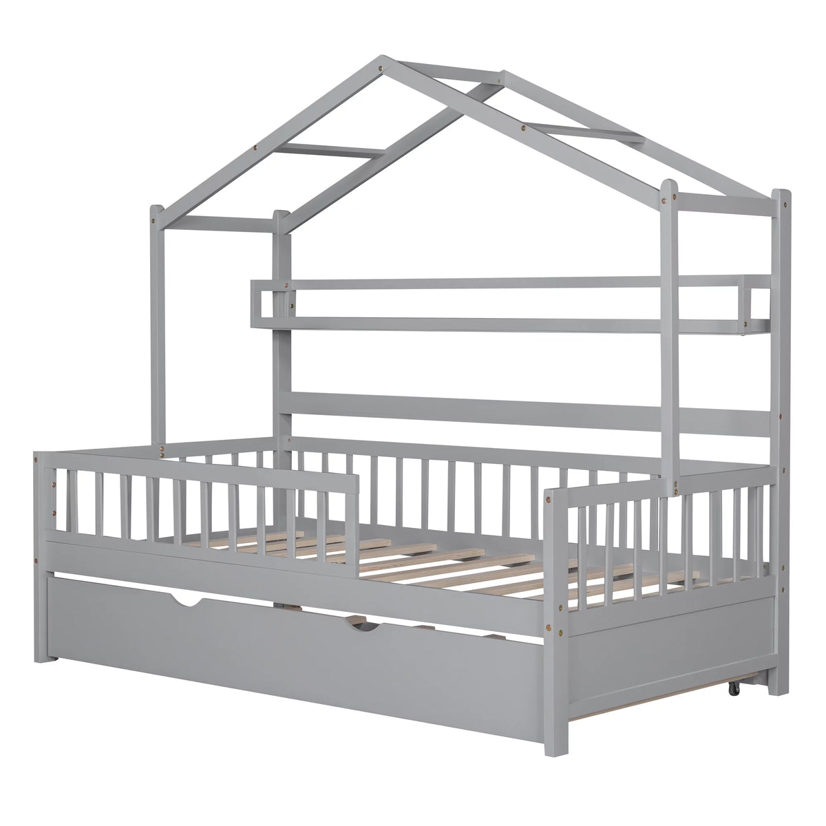 Wood Twin Size House Bed with Bookcase and Trundle Z89717