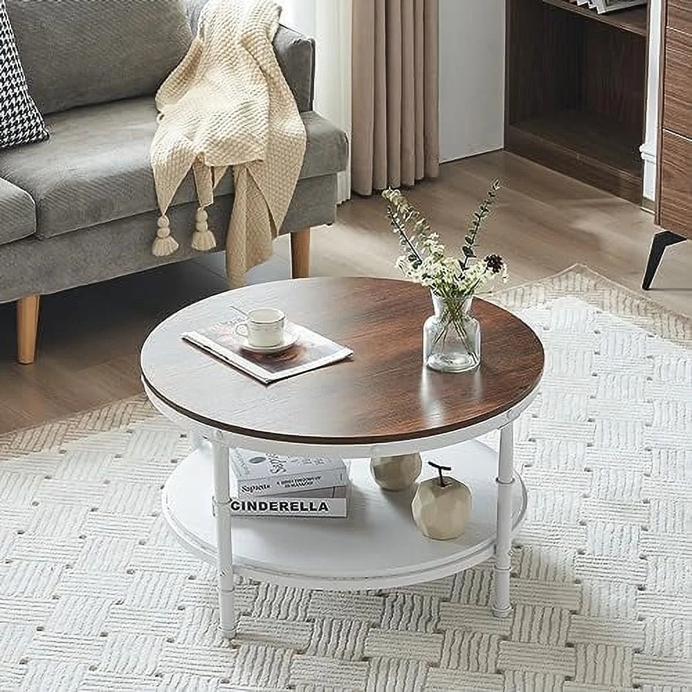 31.5" Rustic Oak White Round 2-Tier Wood Coffee Table Y612