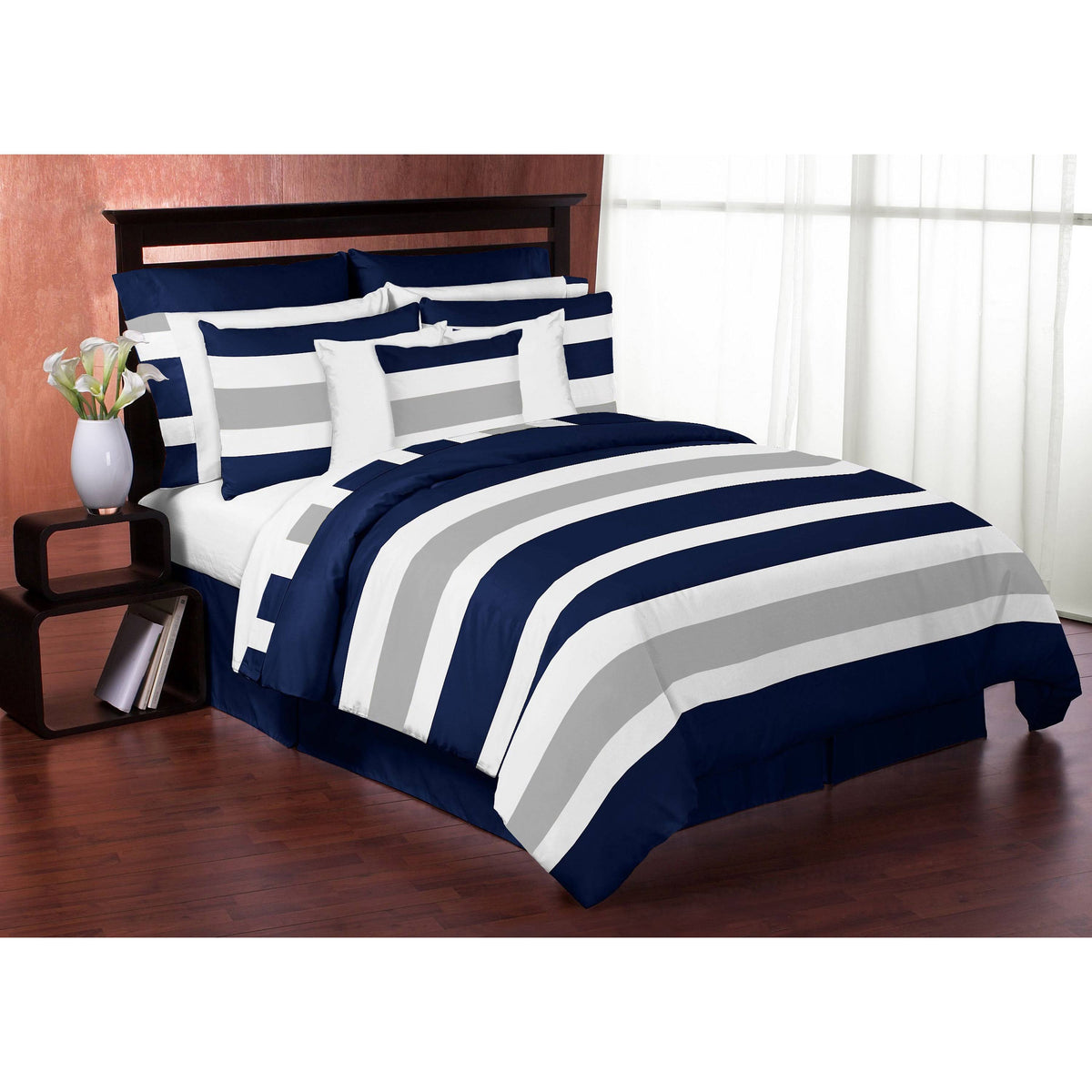 Navy Gray Stripe Bedding Set Twin 4pc U727
