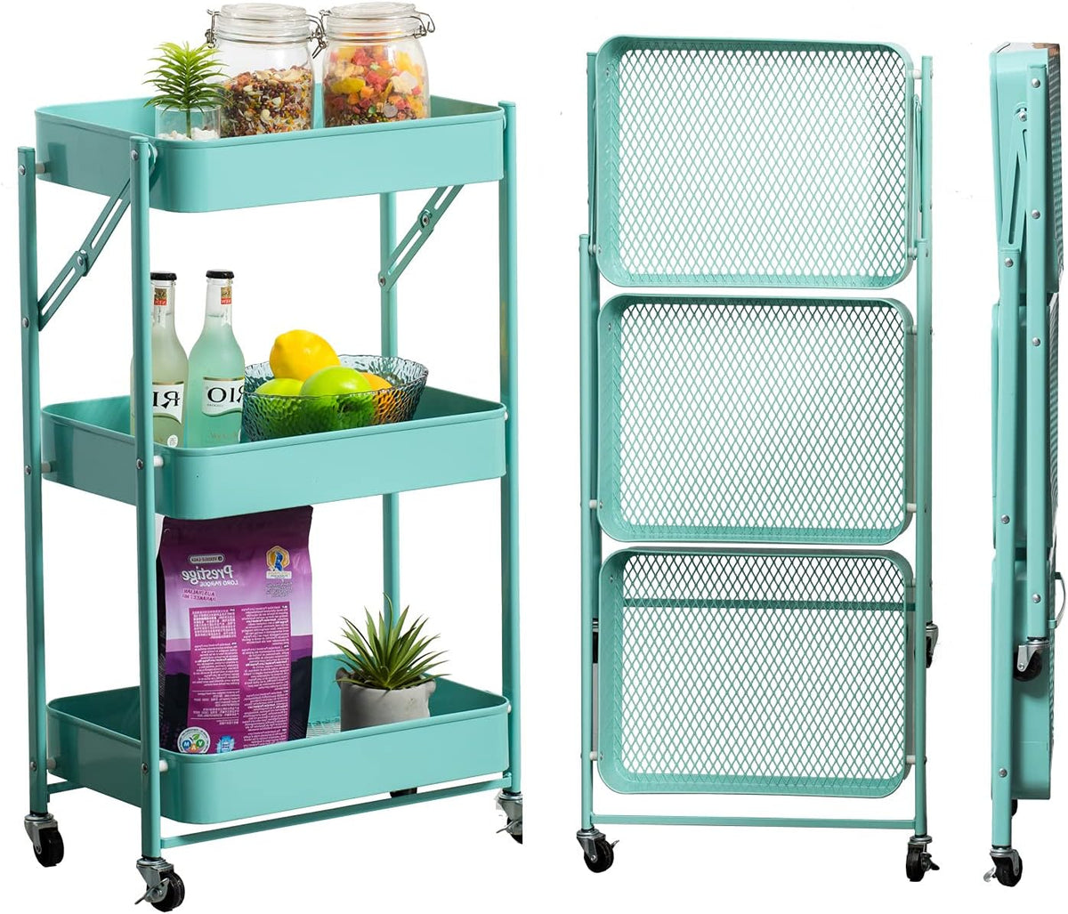 3 Tier Foldable Metal Rolling Cart with Wheels (Pink) S84755