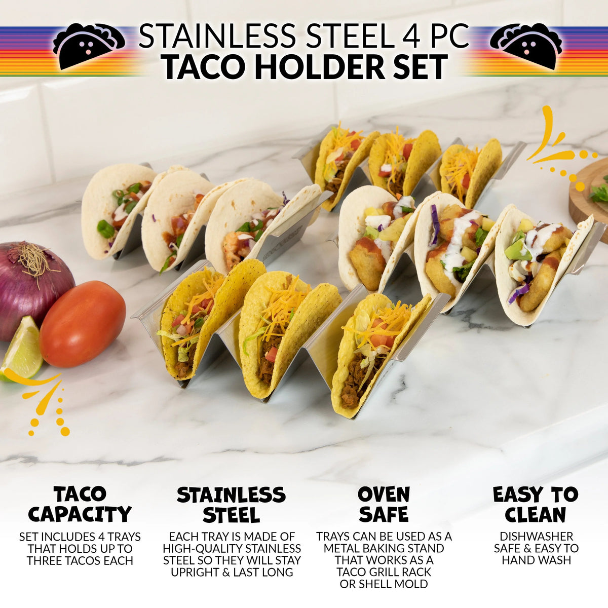 Stainless Steel 4-Piece Taco Holder Tray Set J1554