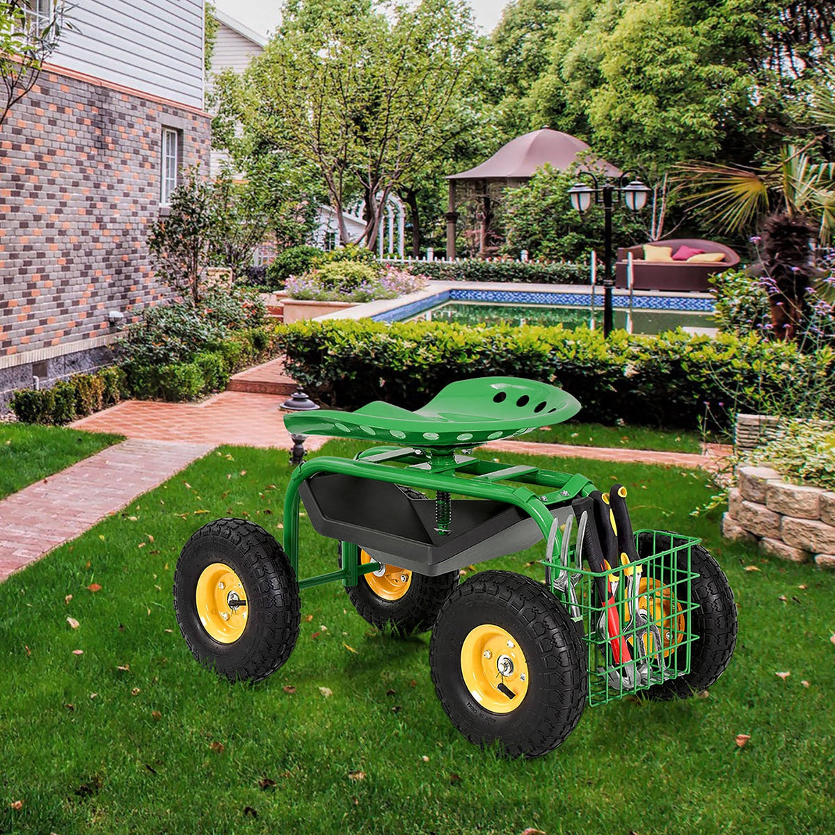 Green Garden Cart with Rolling Seat and Tool Tray P315298