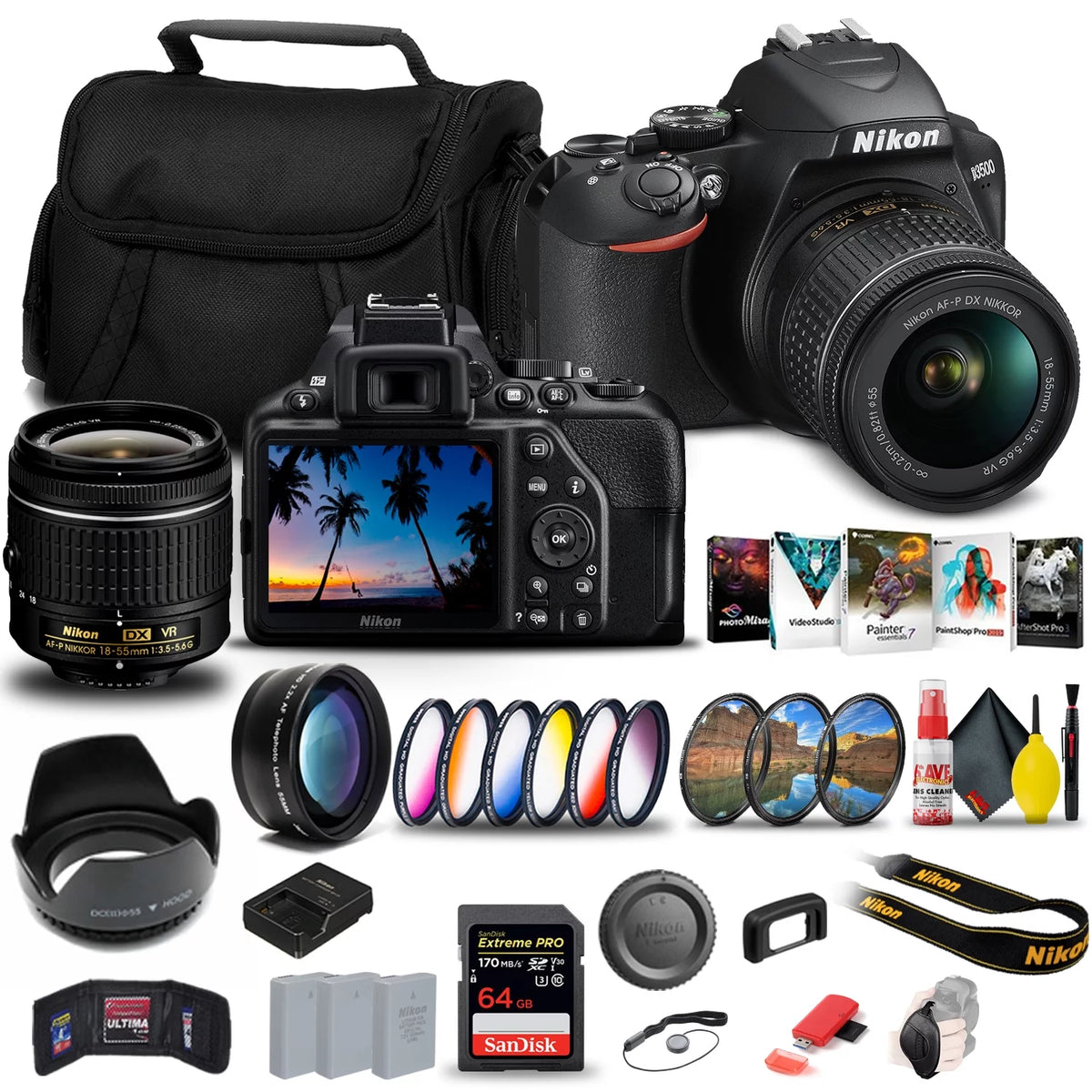 DSLR Camera with 18-55mm Lens + 64GB Card + 2 x EN-EL14a Battery + Case + Filter Kit + Telephoto Lens V22267