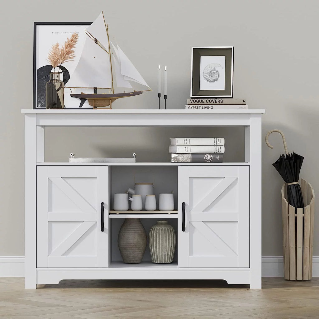 White Farmhouse Kitchen Buffet Storage Cabinet with Doors and Adjustable Shelves L269
