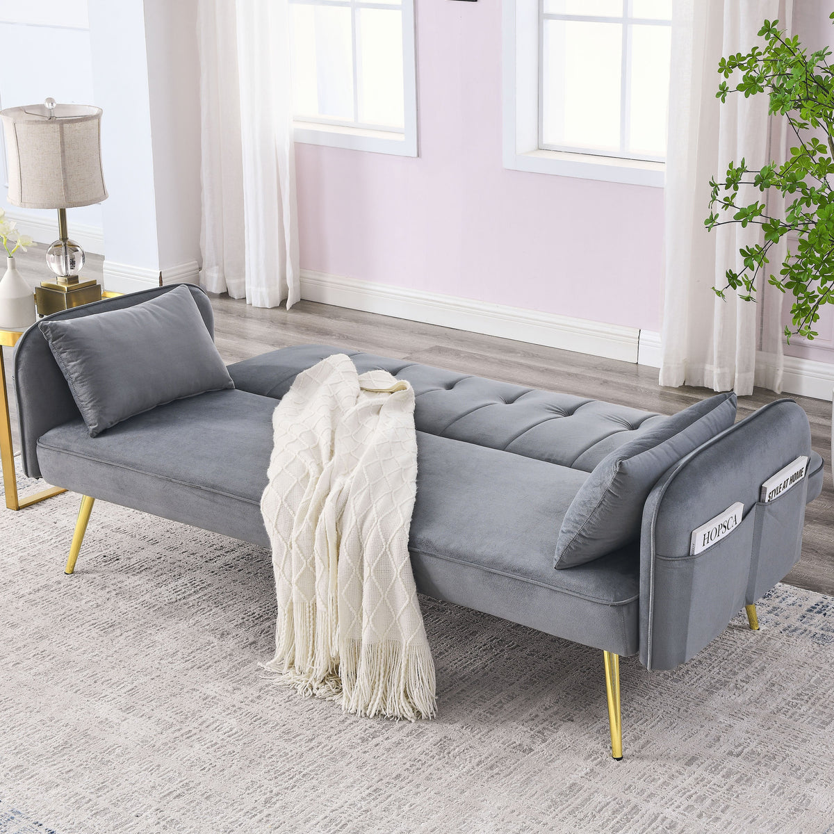 Grey Convertible Velvet Sofa Bed I907885