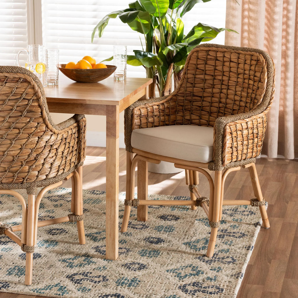 Natural Brown Woven Rattan Dining Arm Chair with Cushion U645