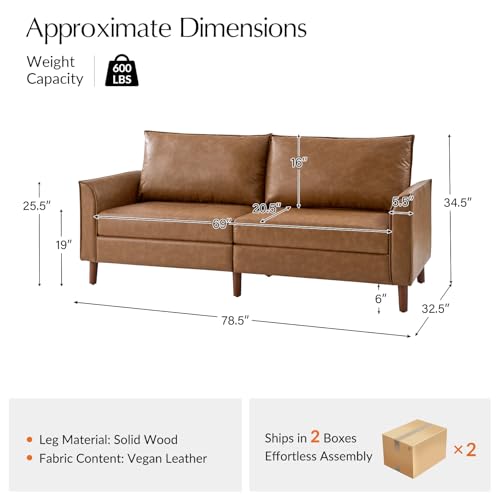 Brown Faux Leather 3-Seater Sofa with Solid Wood Legs S514