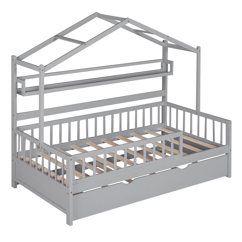 Wood Twin Size House Bed with Bookcase and Trundle Z89717