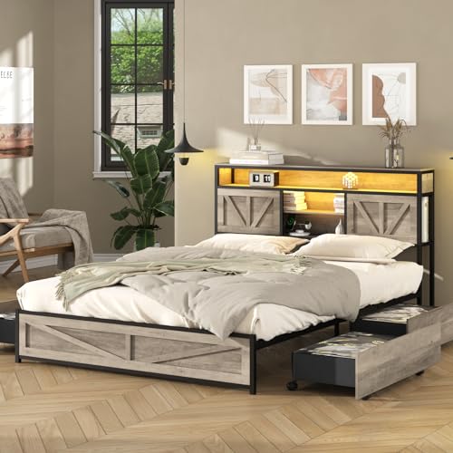 Queen Size Bed Frame with 4 Drawers LED Light, Wash Grey M11765