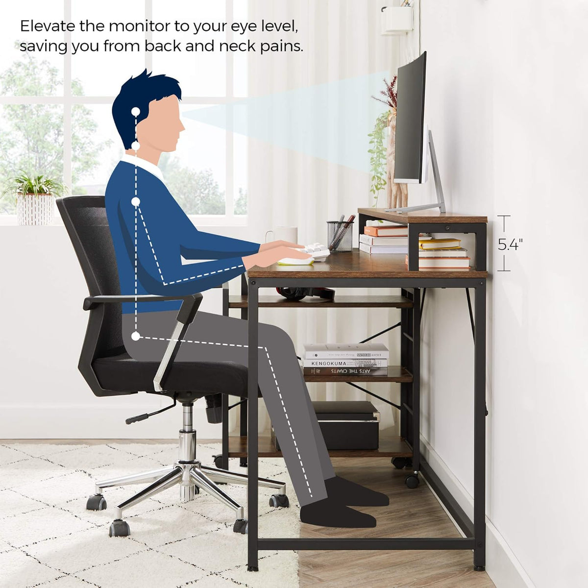 Computer Desk with Monitor Stand and Storage Shelves R919116