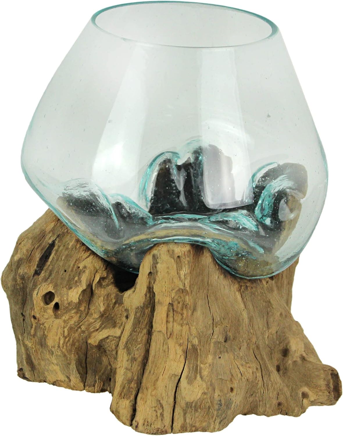 7-Inch Melted Glass and Teak Driftwood Centerpiece Bowl K2558