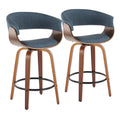 26" Mid-Century Modern Counter Stool with Swivel in Walnut Wood and Blue Fabric with Round Black Metal Footrest - Set of 2 B37551
