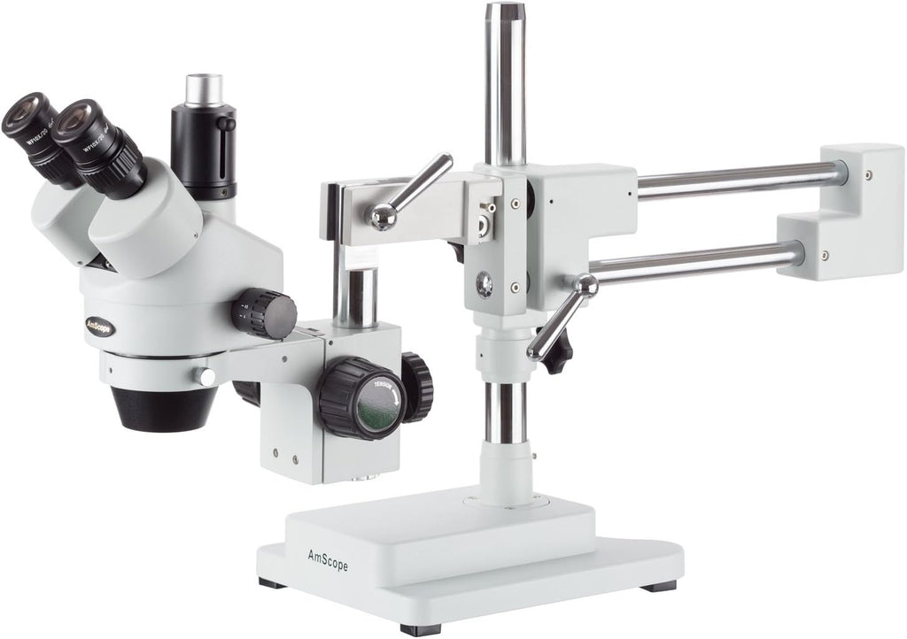 7X-45X Simul-Focal Stereo Zoom Microscope on Dual Arm Boom Stand with 144-LED Ring Light J52483