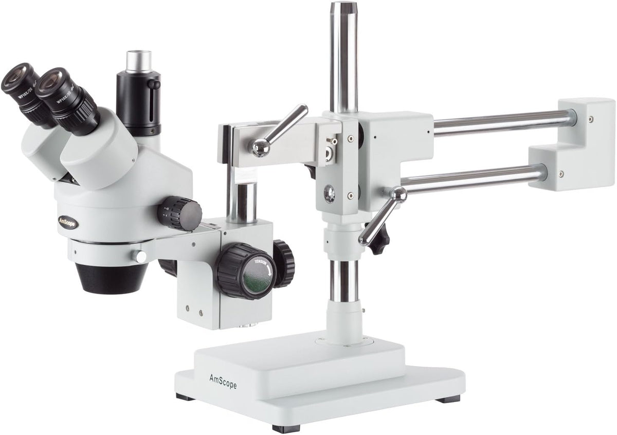 7X-45X Simul-Focal Stereo Zoom Microscope on Dual Arm Boom Stand with 144-LED Ring Light J52483