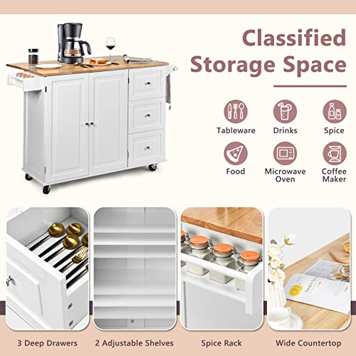 Kitchen Island with Stainless Steel Top, Rolling Kitchen Trolley Cart with Storage Cabinet, 3 Drawers, Towel & Spice Rack M979