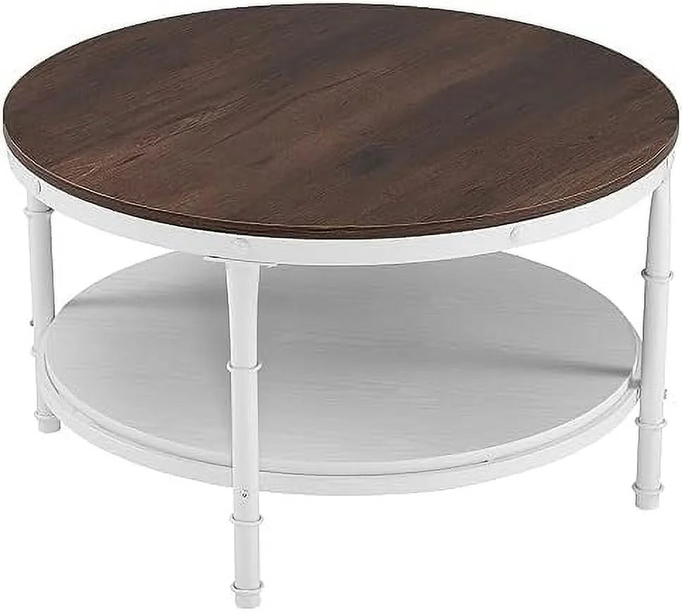 31.5" Rustic Oak White Round 2-Tier Wood Coffee Table Y612