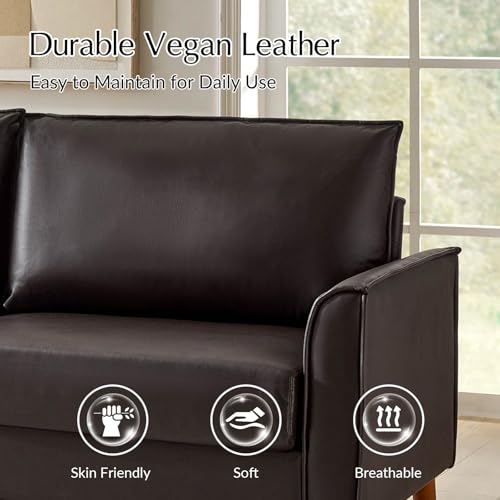 Brown Faux Leather 3-Seater Sofa with Solid Wood Legs S514