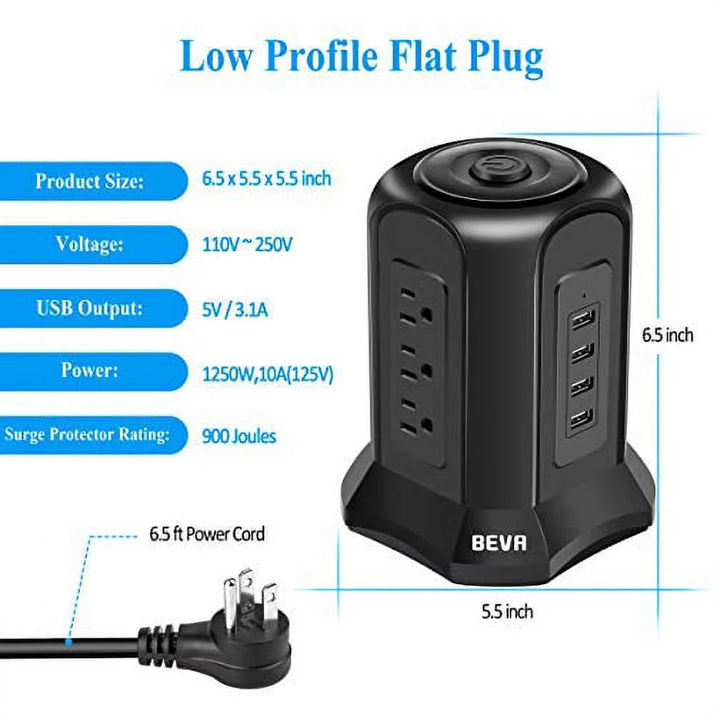 Black Power Strip Tower Surge Protector with 9 AC Outlets 4 USB Ports 6 ft Extension Cord Z298