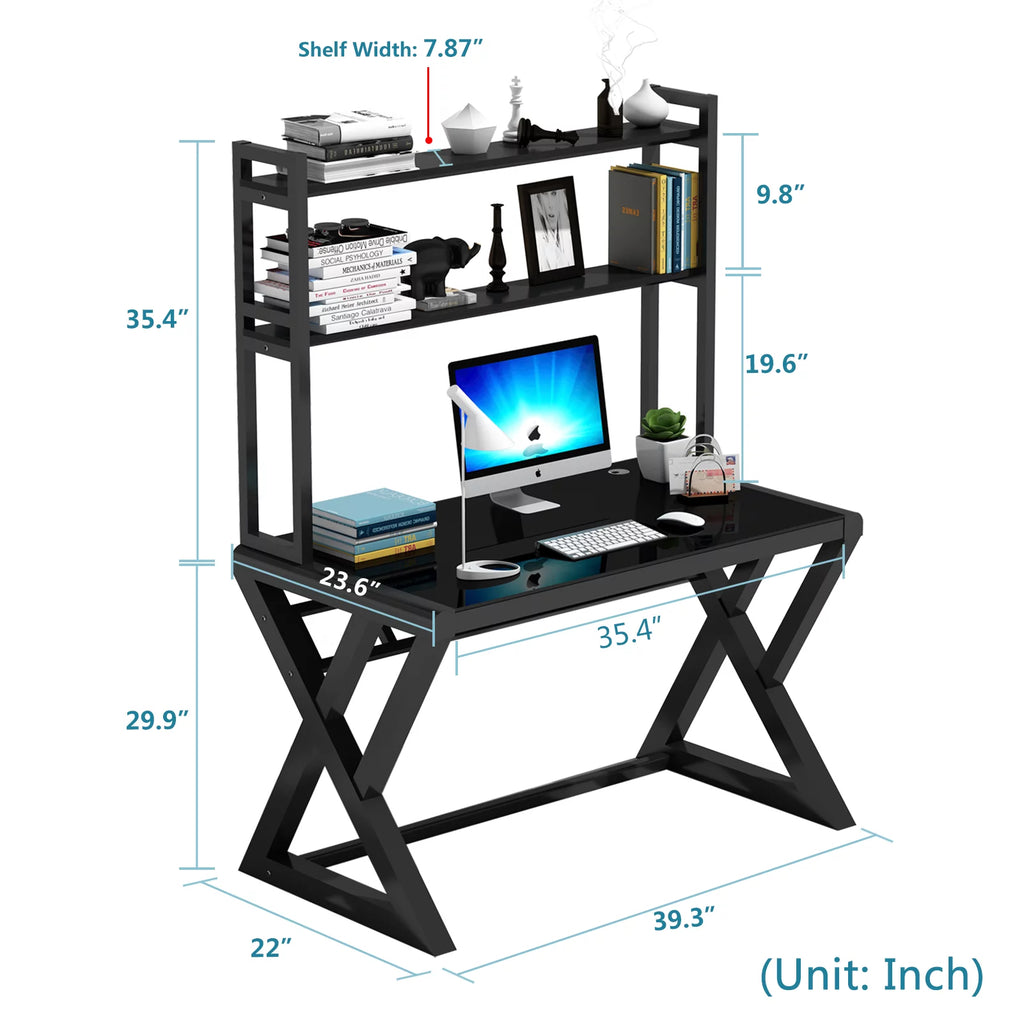 Tempered Glass Computer Desk with Hutch and Shelves H588