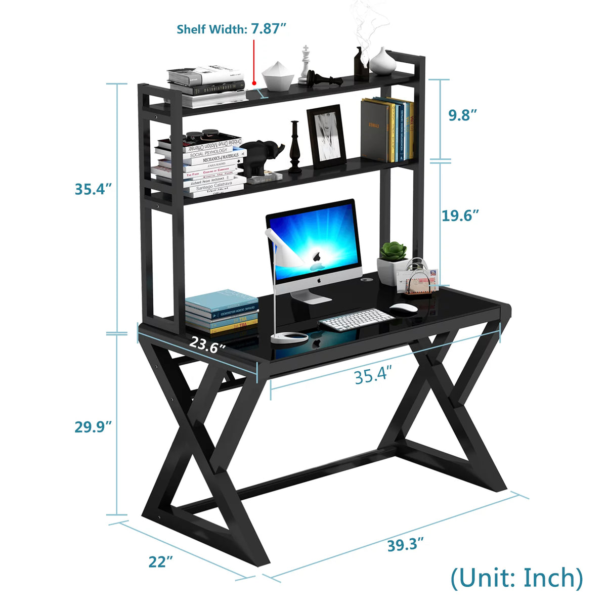 Tempered Glass Computer Desk with Hutch and Shelves H588