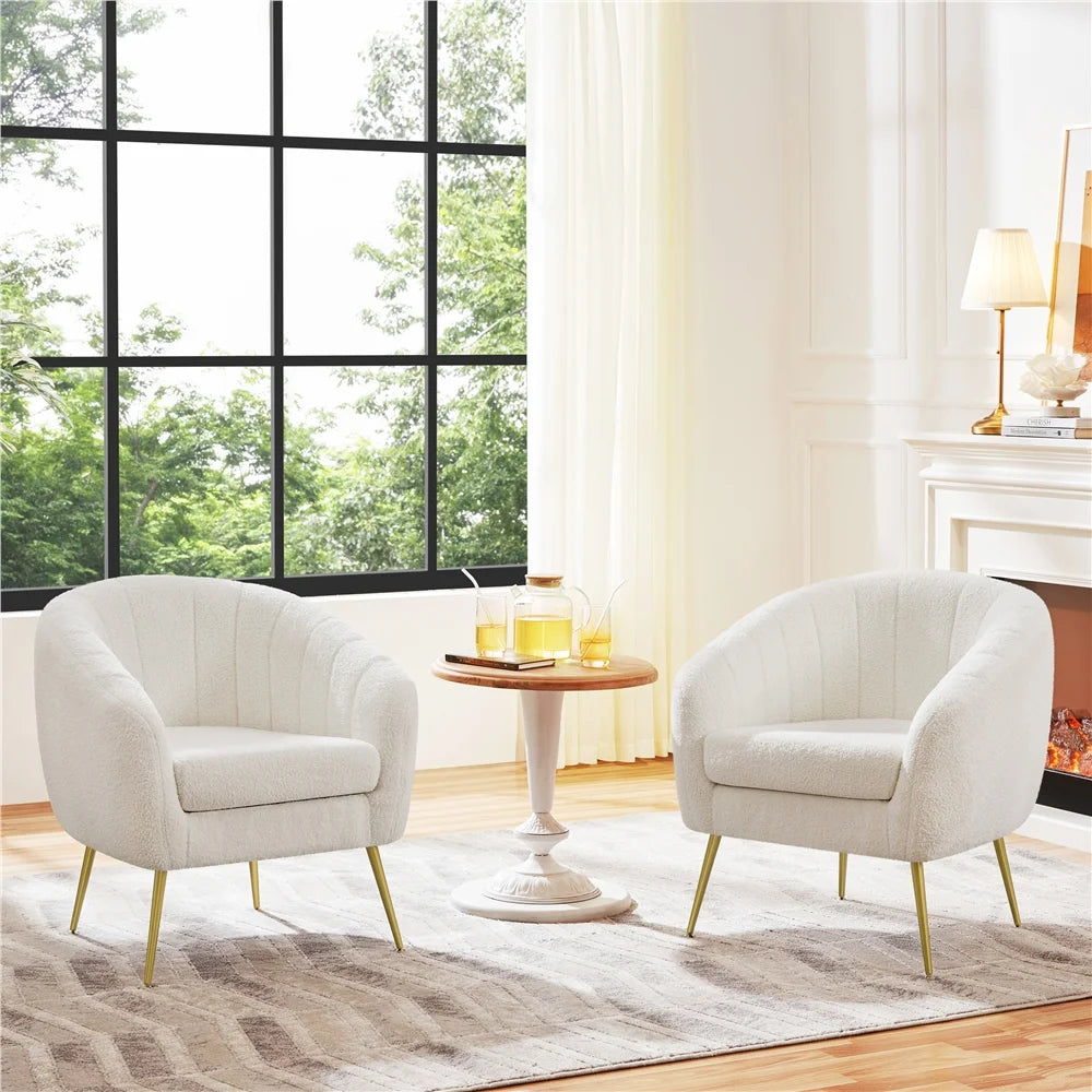 Ivory Tufted Boucle Barrel Accent Armchair with Gold Metal Legs A801713