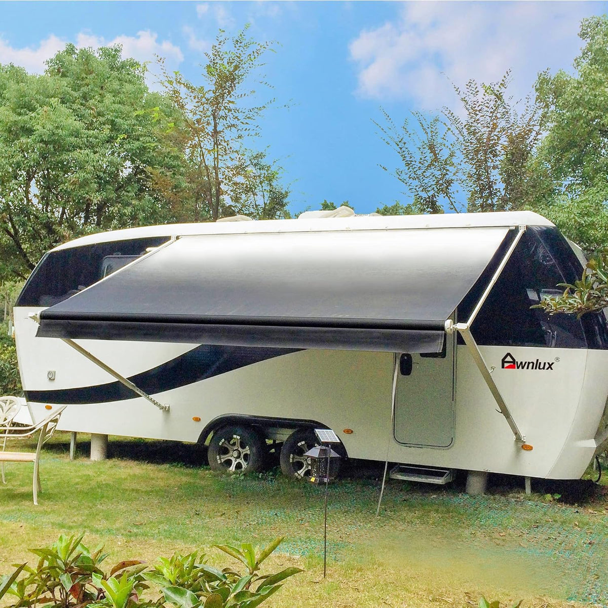 White Manual Modular Retractable RV Awning Full Set Assemblies, 15x8 Ft, Blue Strip E574536