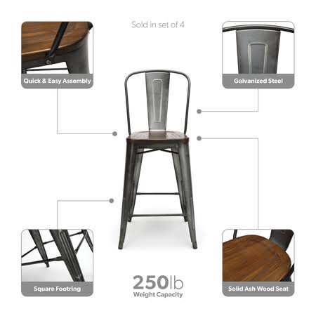 Industrial Modern 4 Pack 26x22 High Back Metal Bar Stools with Solid Ash Wood Seats H1420