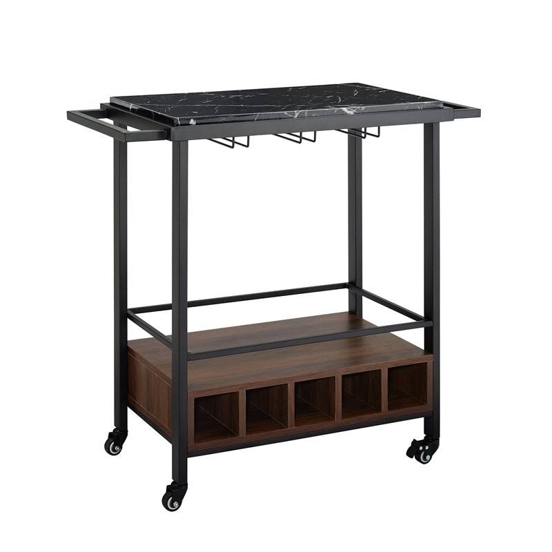 Faux Marble Serving Bar Cart in Dark Walnut and White N71453