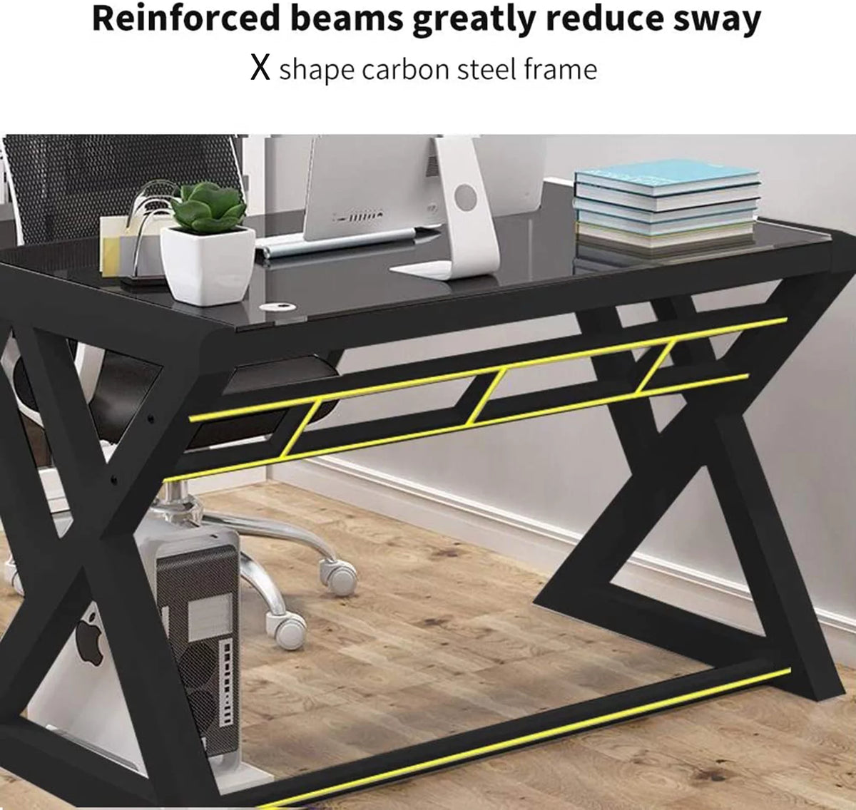 Tempered Glass Computer Desk with Hutch and Shelves H588