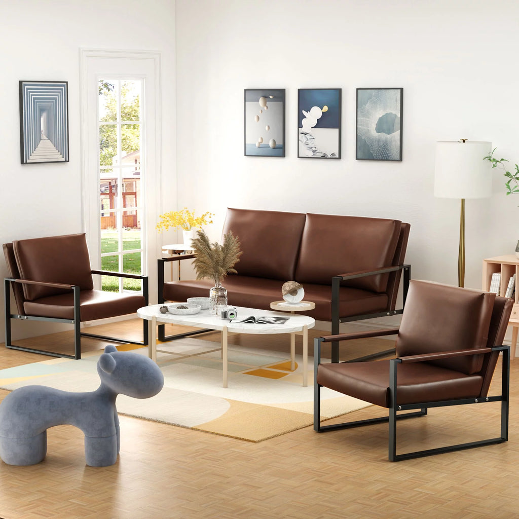 Gray 3-Piece PU Leather Sofa Set Including 2 Armchairs and 1 Loveseat P558329