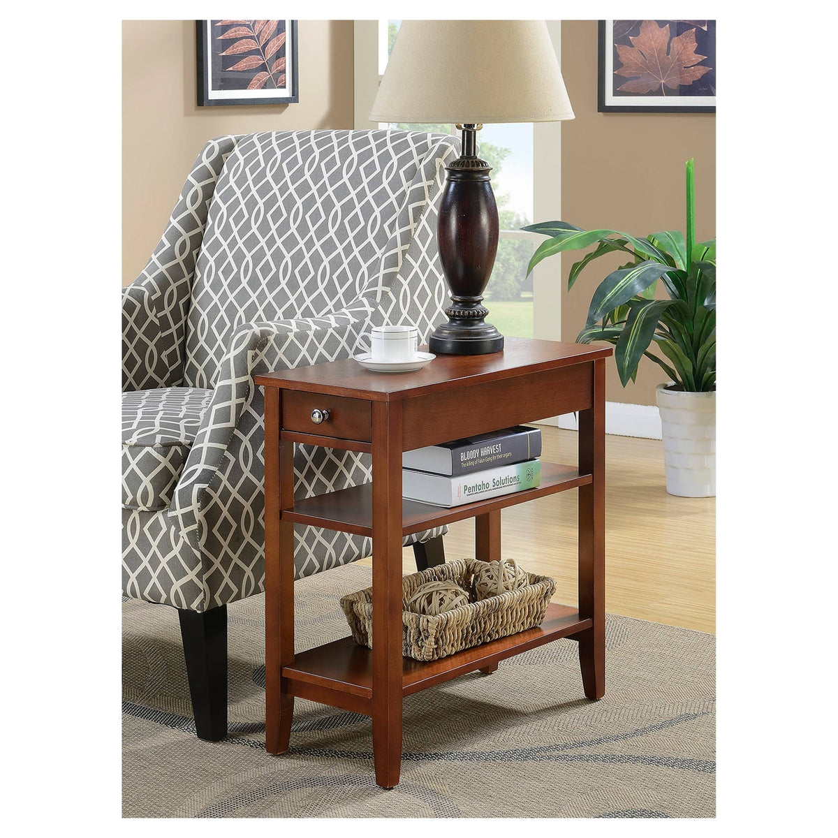 Three Tier End Table with Drawer Mahogany I2229