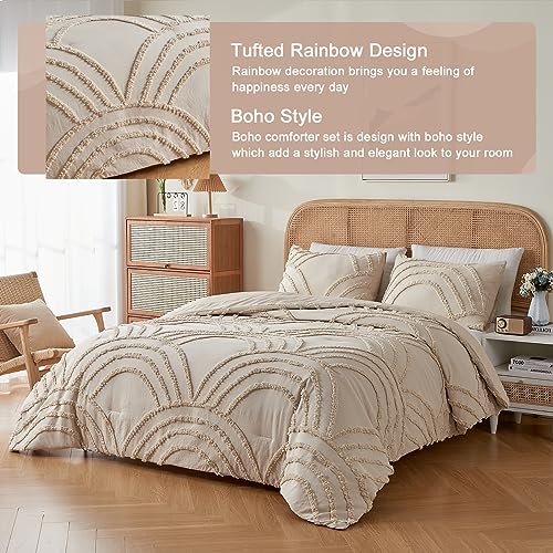 Twin XL Beige Tufted Rainbow Microfiber Comforter Set with 1 Pillowcase L235