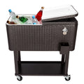80 Quart Rolling Ice Chest on Wheels, Dark Brown Wicker Beverage Cart A37978