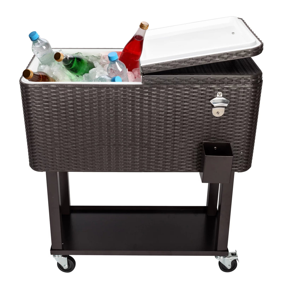 80 Quart Rolling Ice Chest on Wheels, Dark Brown Wicker Beverage Cart A37978