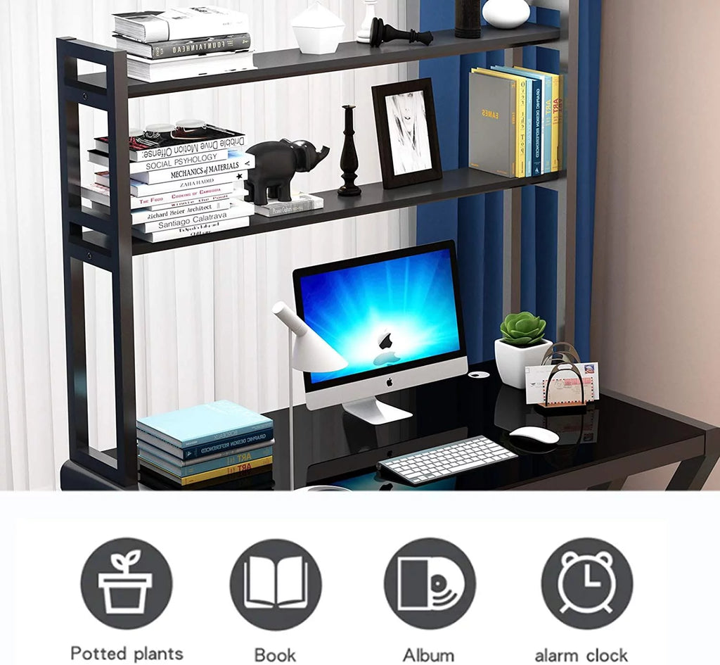 Tempered Glass Computer Desk with Hutch and Shelves H588