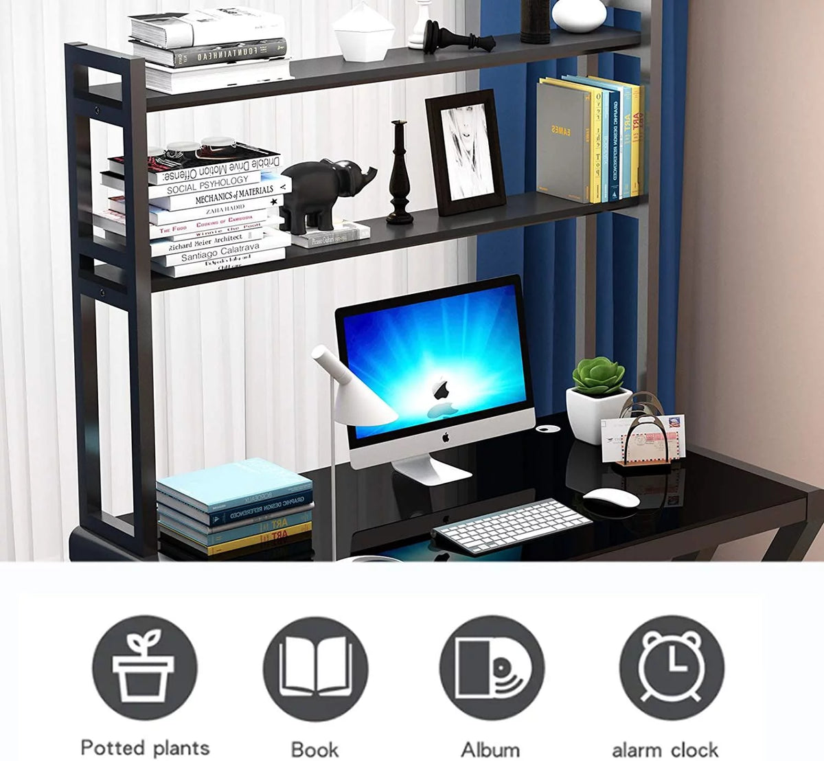 Tempered Glass Computer Desk with Hutch and Shelves H588