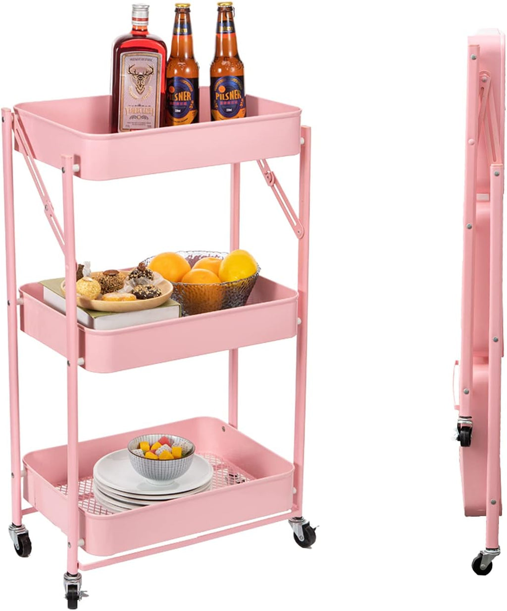 3 Tier Foldable Metal Rolling Cart with Wheels (Pink) S84755