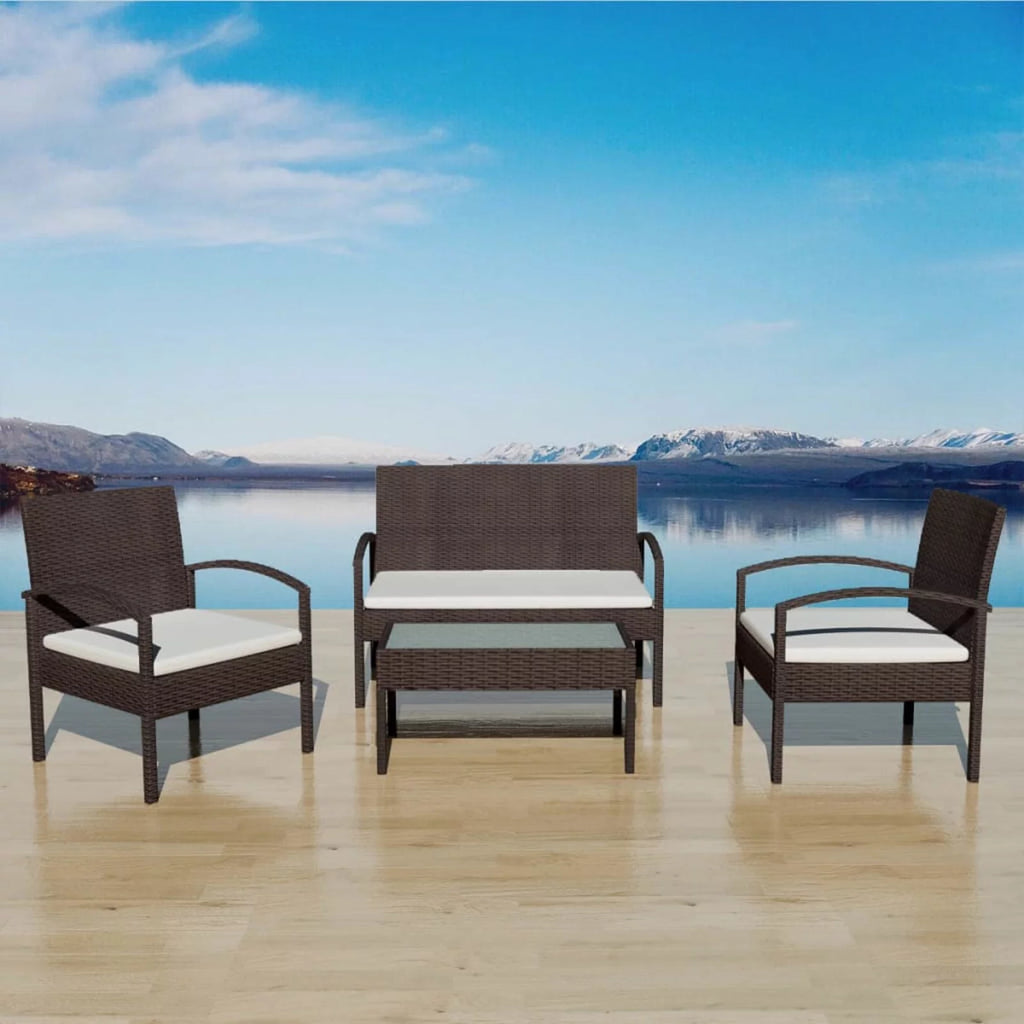 4 Piece Cream White Cushioned Poly Rattan Patio Lounge Set O977698