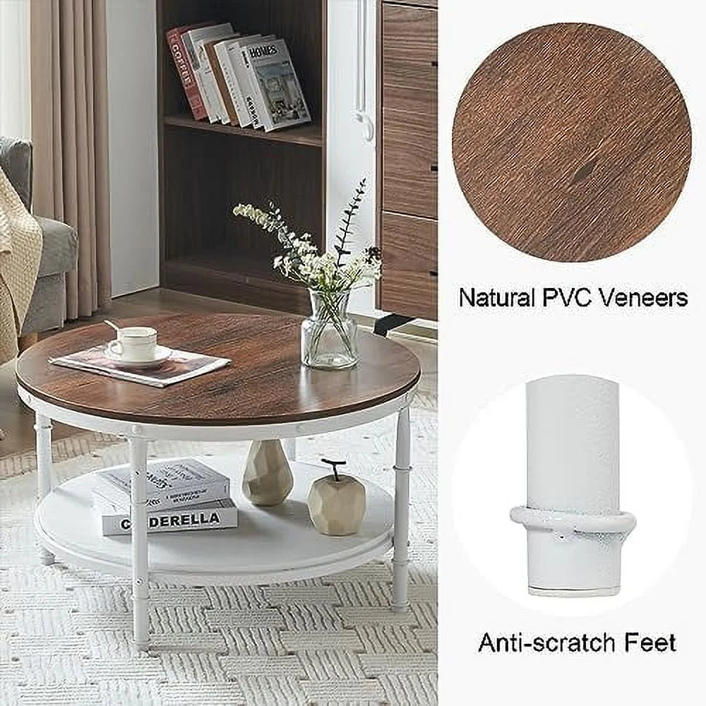 31.5" Rustic Oak White Round 2-Tier Wood Coffee Table Y612