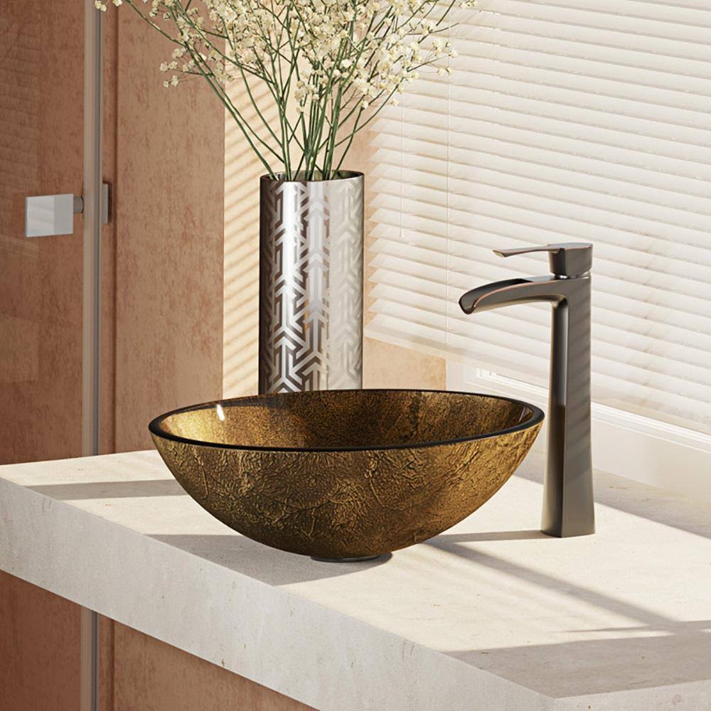 Foil Undertone Glass Vessel Sink with Antique Bronze Vessel Faucet B471946