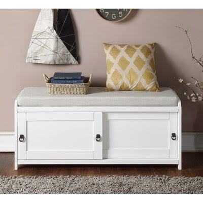 White Wood Storage Bench with 2 Cabinets Q171