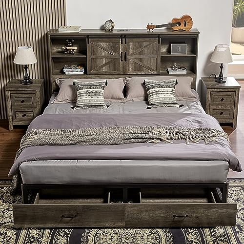 Full Size Wooden Platform Storage Bed with Bookcase Headboard and 2 Drawers R5254